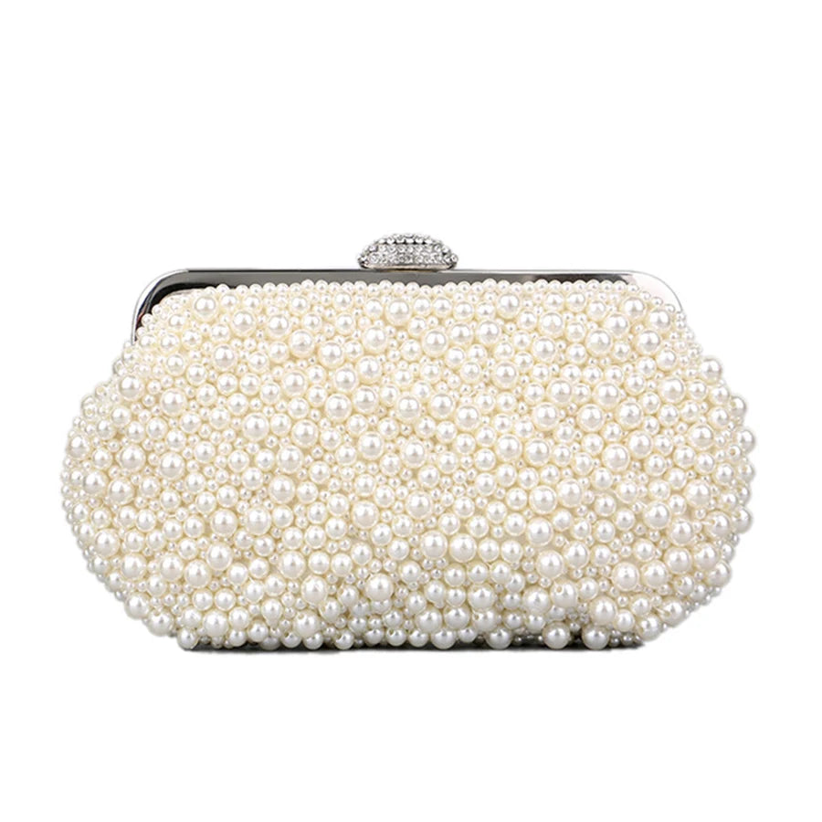 Luxury Handmade Wedding Evening Bag Chain Shoulder Bag Full Beaded Clutch Bag Ladies Artificial Pearls Handbag for Wedding Party image 2