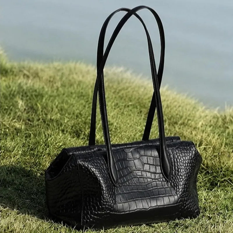 New Crocodile Pattern Genuine Leather Women Armpit Shoulder Bag Designer Boston Style Luxury Cowhide Handbag image 1