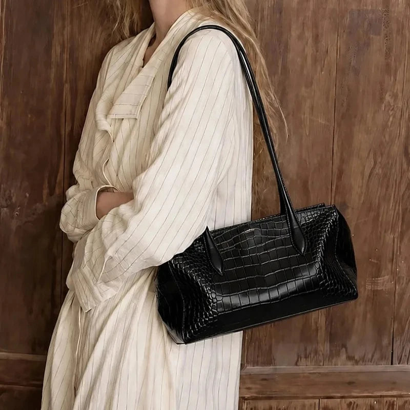 New Crocodile Pattern Genuine Leather Women Armpit Shoulder Bag Designer Boston Style Luxury Cowhide Handbag image 2