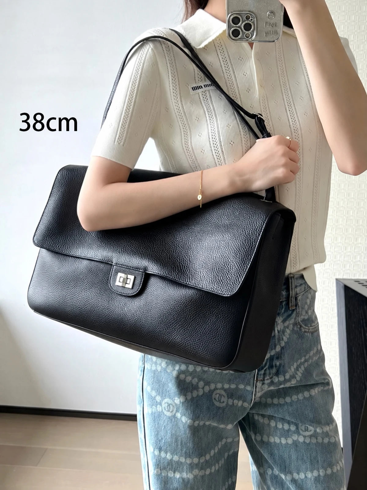 Genuine Leather Shoulder Bag Women Large Capacity Flap Bag Real Cowhide Turn Lock Crossbody Handbags Work Satchel Ladies Purses image 3