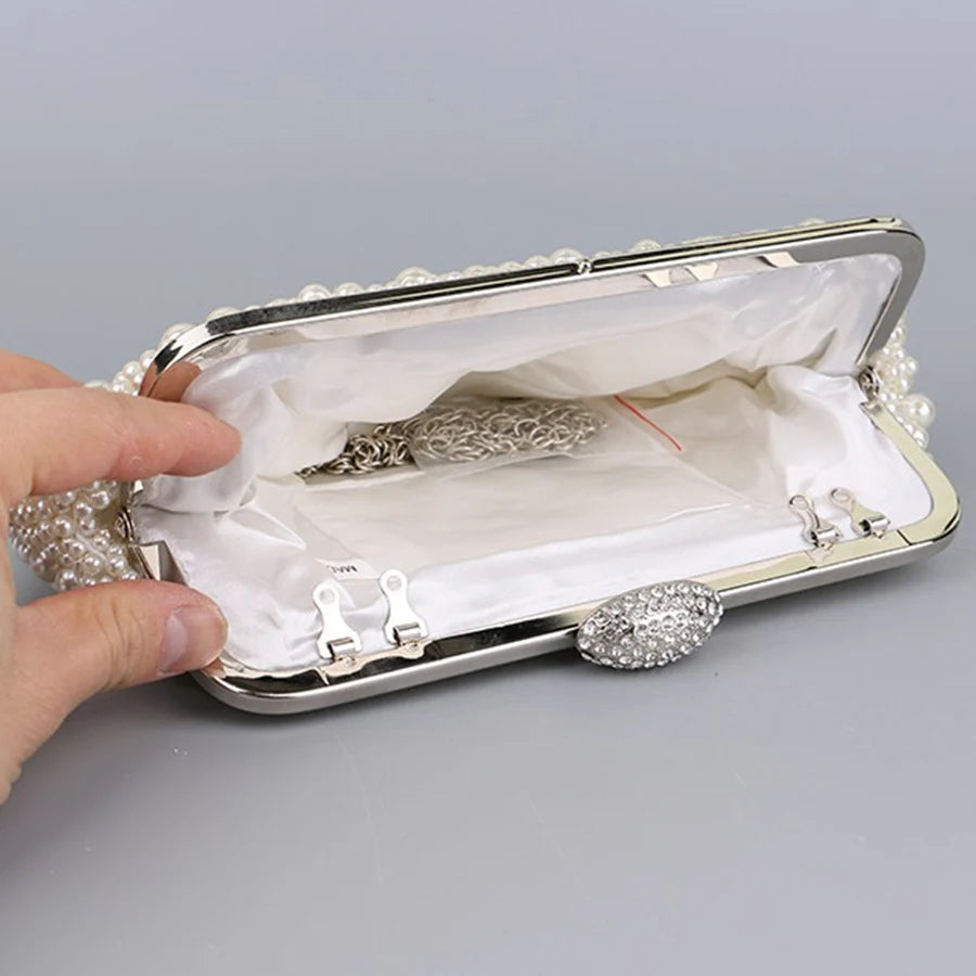 Luxury Handmade Wedding Evening Bag Chain Shoulder Bag Full Beaded Clutch Bag Ladies Artificial Pearls Handbag for Wedding Party image 6