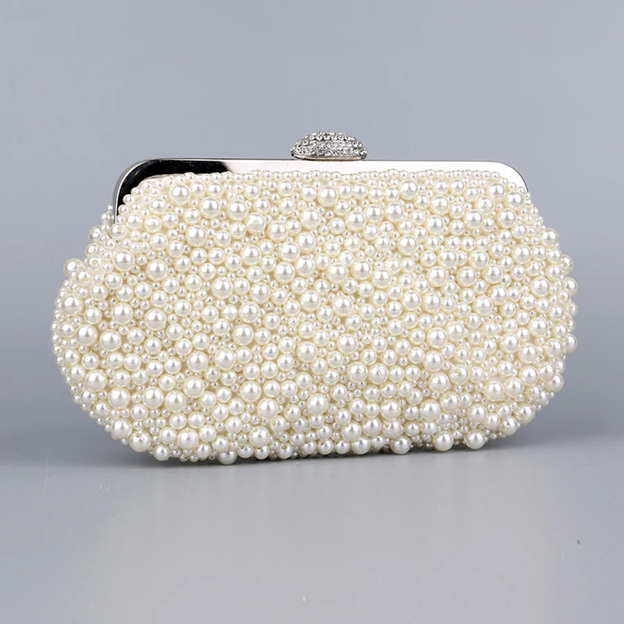 Luxury Handmade Wedding Evening Bag Chain Shoulder Bag Full Beaded Clutch Bag Ladies Artificial Pearls Handbag for Wedding Party image 3