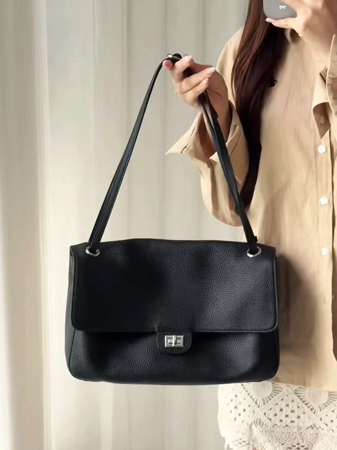 Genuine Leather Shoulder Bag Women Large Capacity Flap Bag Real Cowhide Turn Lock Crossbody Handbags Work Satchel Ladies Purses image 1
