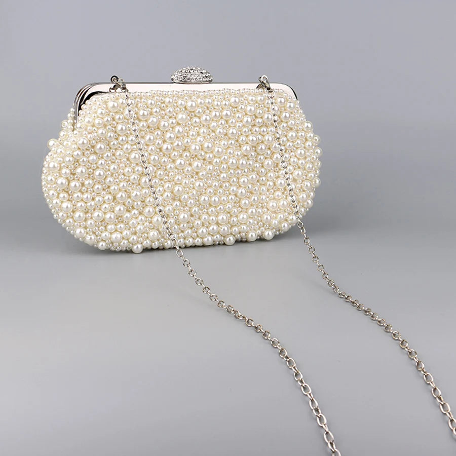 Luxury Handmade Wedding Evening Bag Chain Shoulder Bag Full Beaded Clutch Bag Ladies Artificial Pearls Handbag for Wedding Party image 5