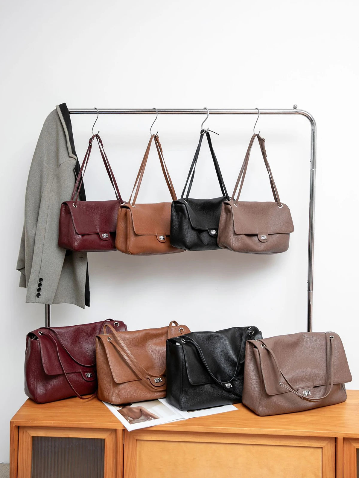 Genuine Leather Shoulder Bag Women Large Capacity Flap Bag Real Cowhide Turn Lock Crossbody Handbags Work Satchel Ladies Purses image 6