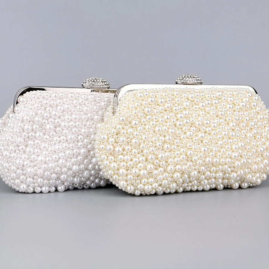 Luxury Handmade Wedding Evening Bag Chain Shoulder Bag Full Beaded Clutch Bag Ladies Artificial Pearls Handbag for Wedding Party image 4